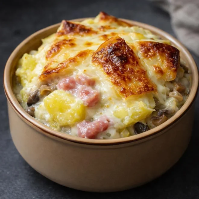 Tartiflette aux poireaux et champignons au Reblochon