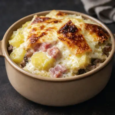 Tartiflette aux poireaux et champignons au Reblochon