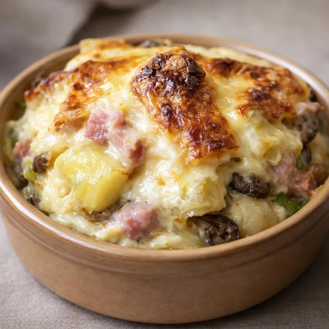 Tartiflette aux poireaux et champignons bien gratinée