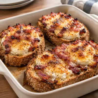 Tartines gratinées au chèvre, miel et lardons