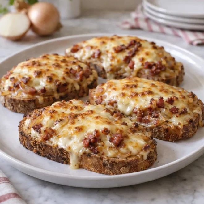 Tartines gratinées à la raclette : oignons & lardons
