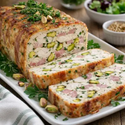 Terrine de poulet jambon pistaches herbes au four