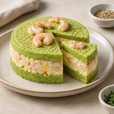 Terrine froide de crevettes, avocat et œufs