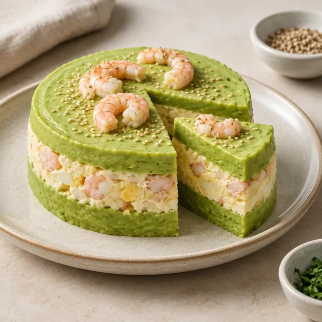 Terrine de crevettes, avocat et œufs, fraîche et fondante
