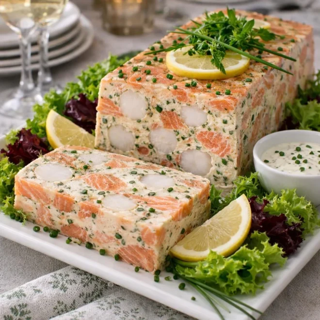 Terrine de Saint-Jacques et saumon à la ciboulette, sauce légère au citron