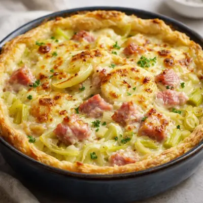 Tofayé vosgien aux poireaux : gratin crémeux au lard