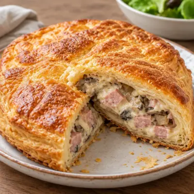 Tourte feuilletée recette : jambon et champignons
