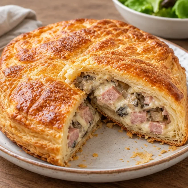 Tourte feuilletée recette : jambon et champignons