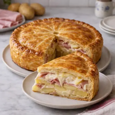 Tourte au jambon camembert pommes de terre : dorée
