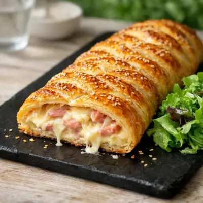 Tresse feuilletée au jambon, béchamel et trois fromages