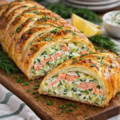 Tresse feuilletée au saumon, poireaux et fromage frais