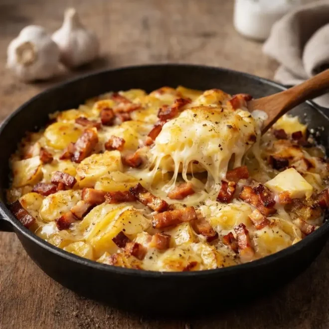 Truffade auvergnate au Saint-Nectaire, pommes de terre fondantes et lardons