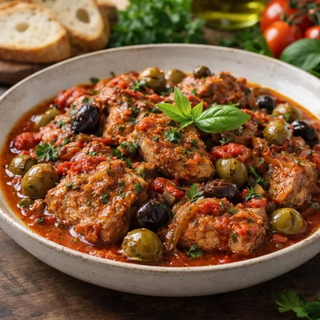 Veau mijoté à l’italienne aux tomates et olives, sauce tomate épaisse