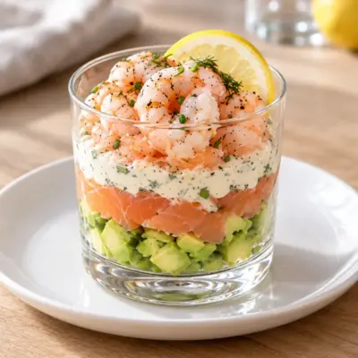 Verrine avocat, saumon fumé et crevettes