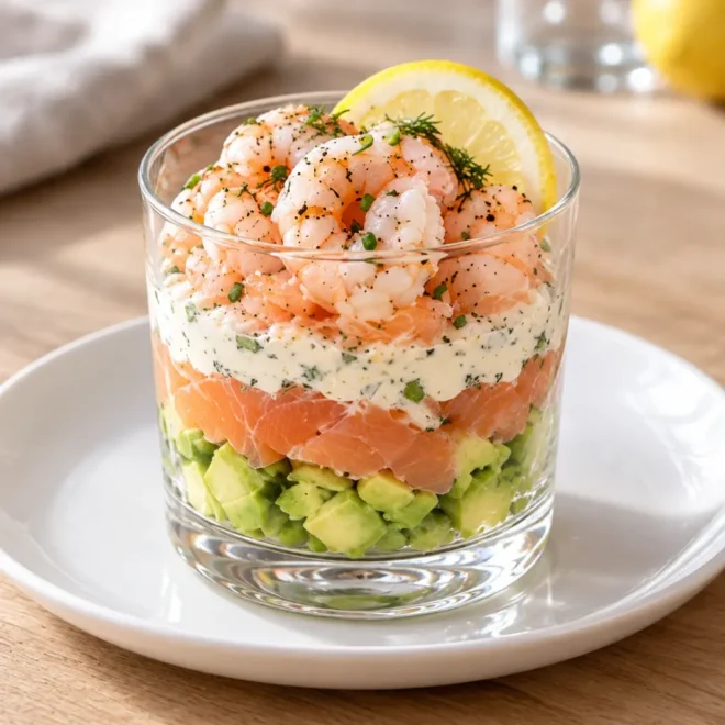 Verrine avocat, saumon fumé et crevettes