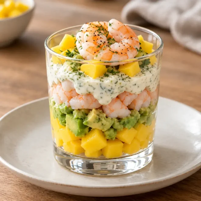 Verrine crevettes mangue avocat : recette fraîche