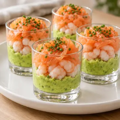 Verrines avocat, crevettes et saumon faciles