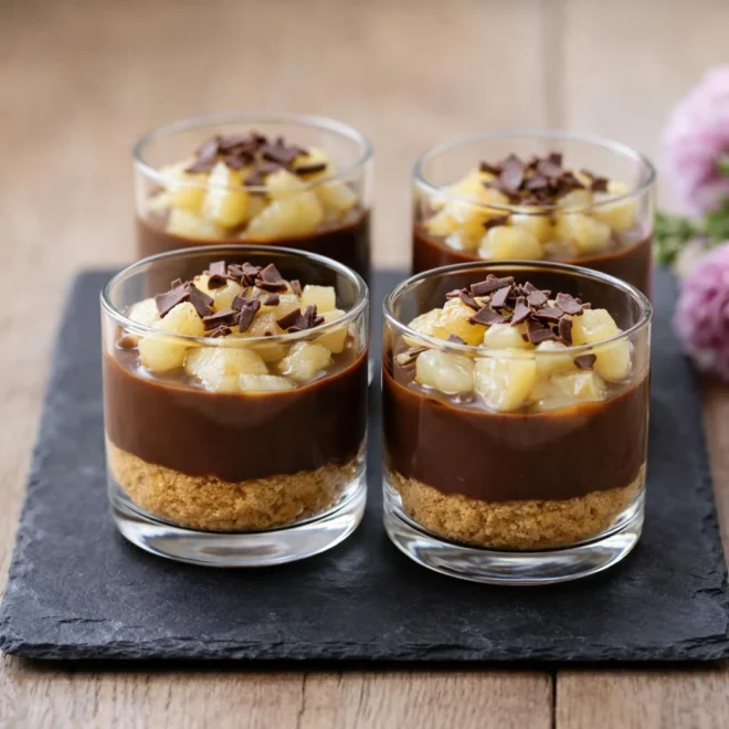Verrines chocolat Danette poires : dessert facile