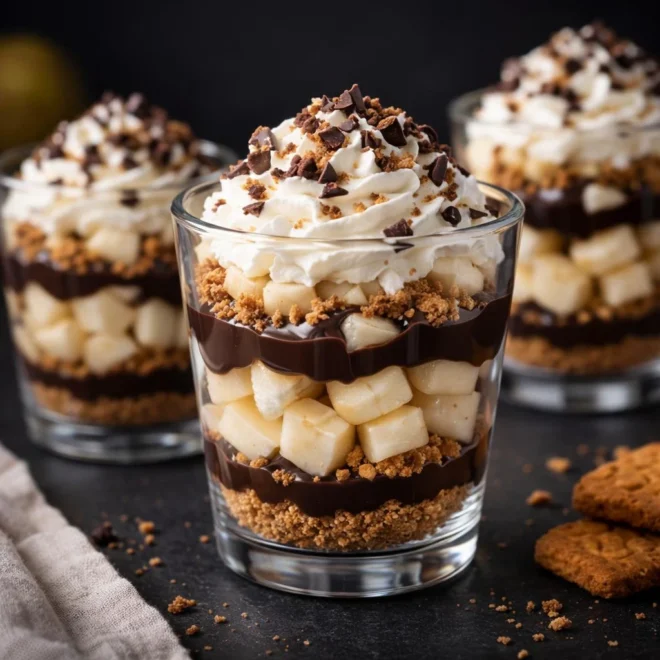 Verrines poires bananes chocolat spéculoos