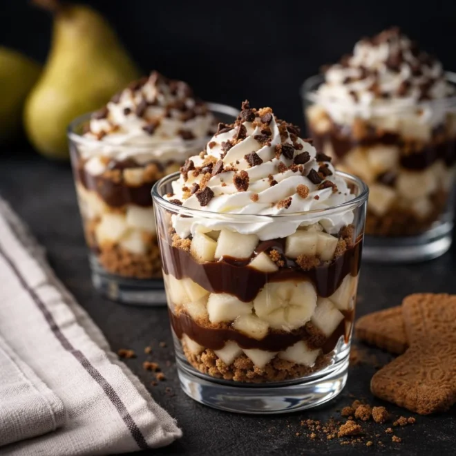 Verrines poires bananes chocolat spéculoos : facile