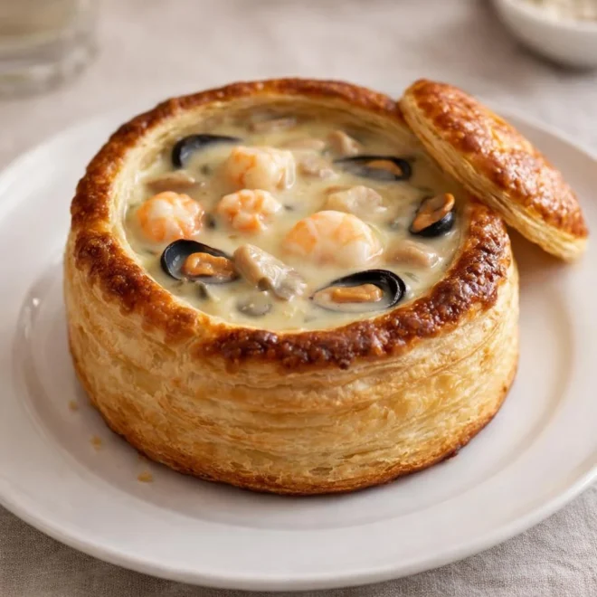 Vol-au-vent aux fruits de mer sauce crème vin blanc
