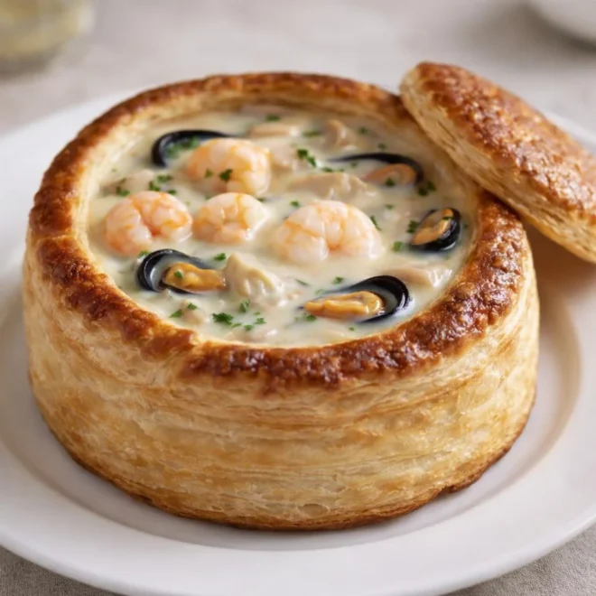 Vol-au-vent aux fruits de mer sauce crème vin blanc