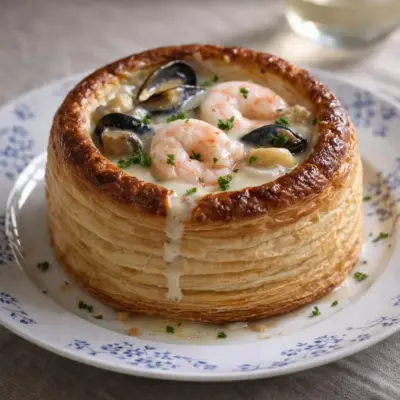 Vol-au-vent aux fruits de mer sauce crème vin blanc Cognac