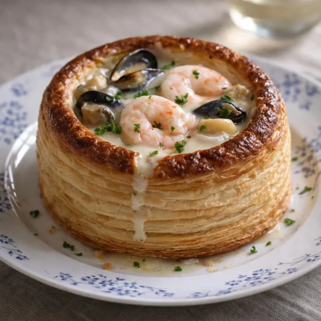 Vol-au-vent aux fruits de mer sauce crème vin blanc Cognac