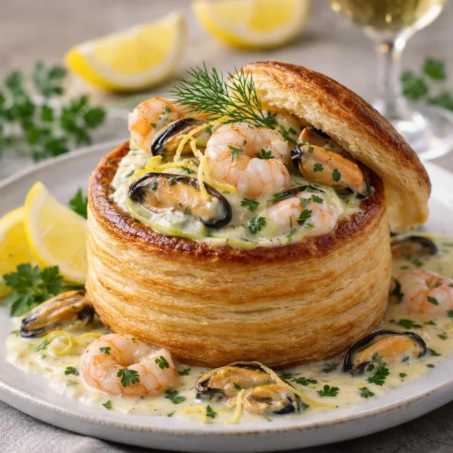 Vol-au-vent aux moules et crevettes à la crème citronnée