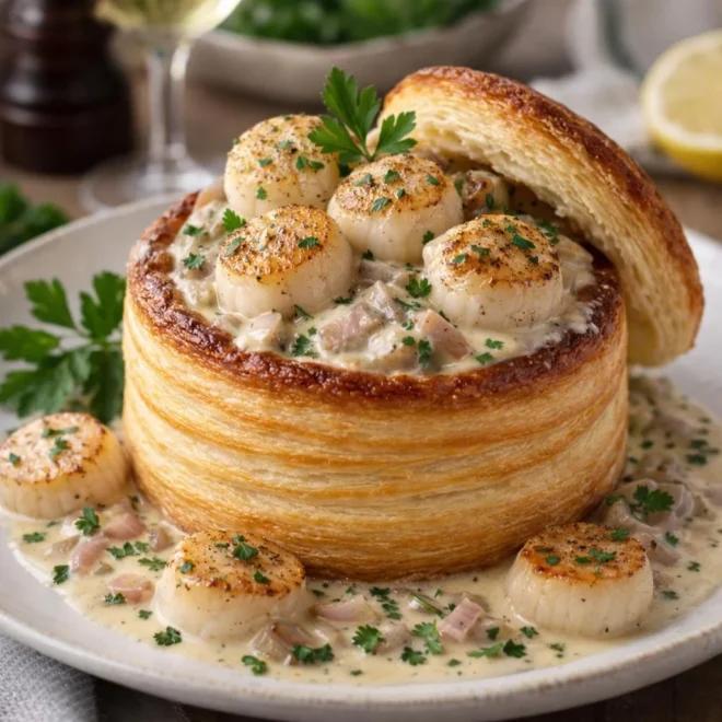 Vol-au-vent aux Saint-Jacques fondue d’échalotes à la crème