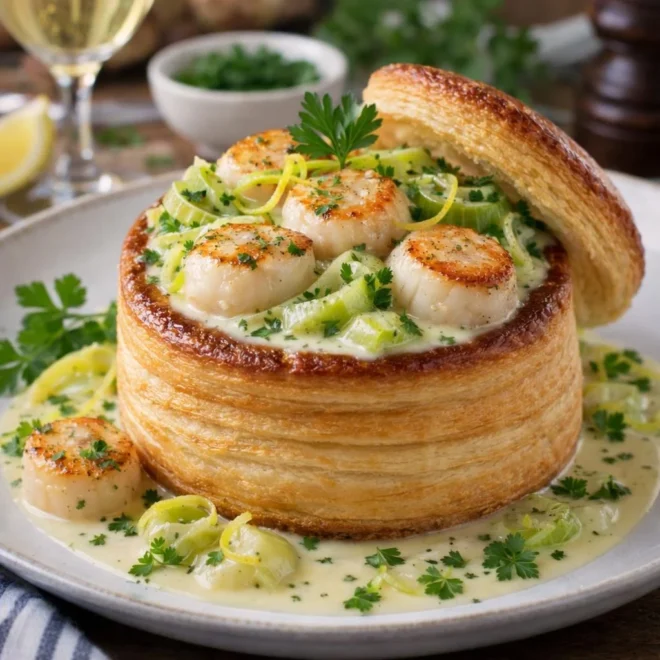 Vol-au-vent aux Saint-Jacques poireaux sauce beurre blanc