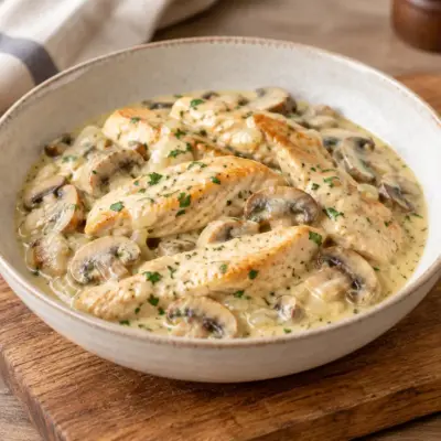 Aiguillettes de poulet recette crémeuse aux champignons