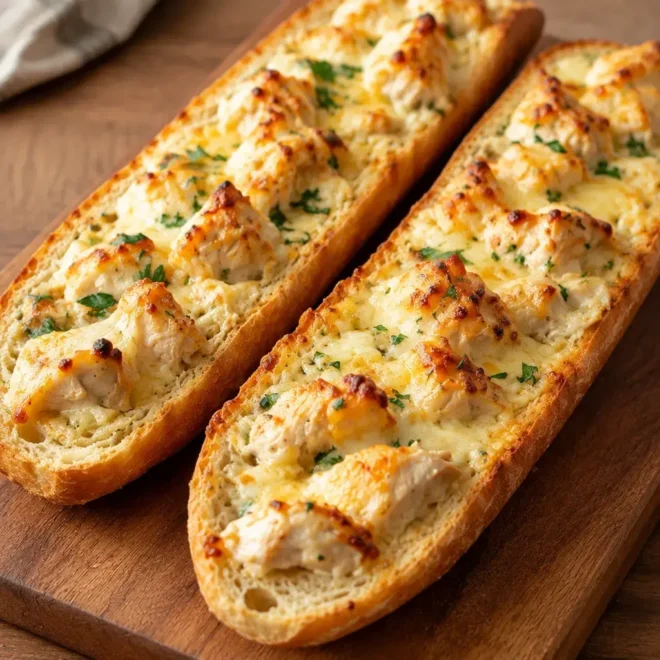 Baguette gratinée au poulet, crémeuse et dorée