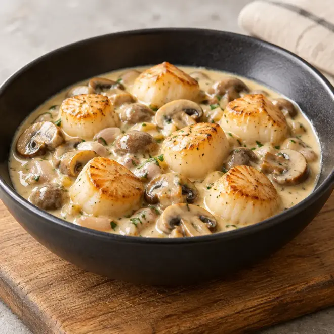 Blanquette de Saint-Jacques aux champignons, crémeuse et dorée