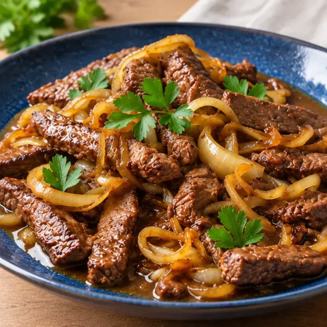 Bœuf aux oignons recette facile à la poêle