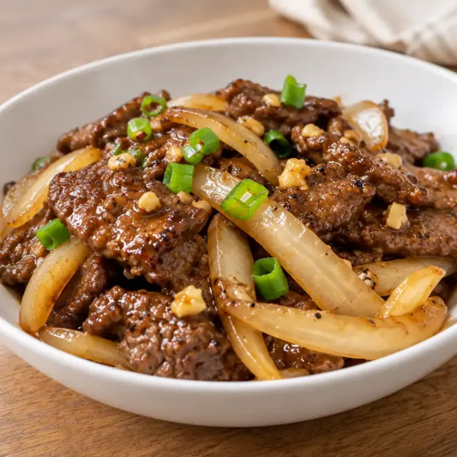 Bœuf aux oignons sauté, tendre et nappé de sauce
