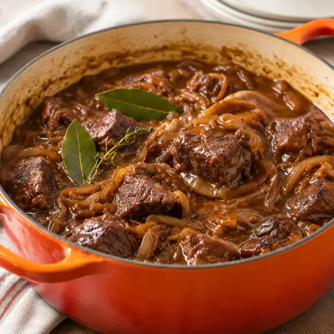 Bœuf bourguignon recette aux oignons fondants