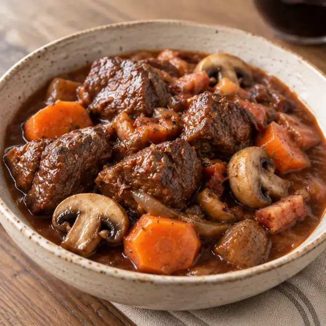 Bœuf bourguignon, fondant et sauce brillante