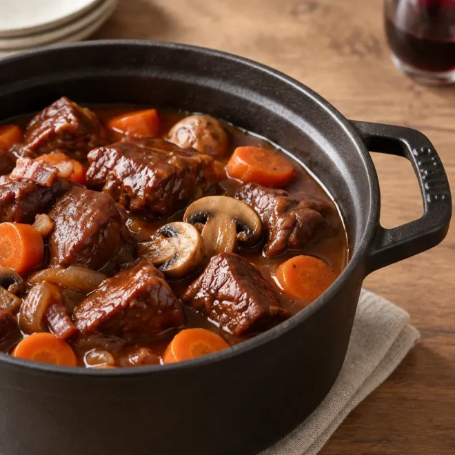 Bœuf bourguignon, fondant et nappé de sauce brillante