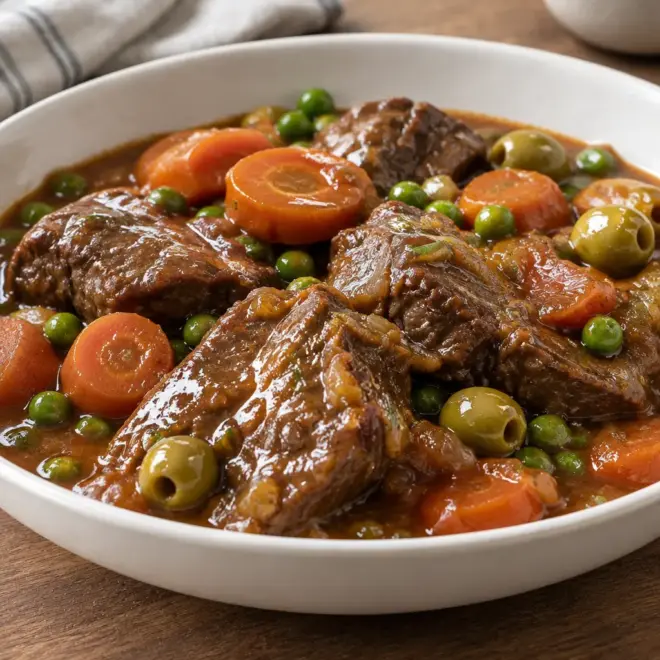 Bœuf braisé aux carottes et aux pois, jus brillant