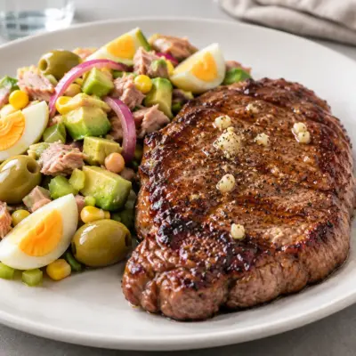Bœuf grillé à l’ail, salade de thon et avocat