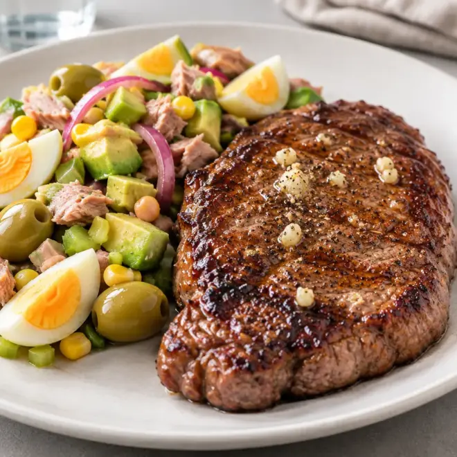 Bœuf grillé à l’ail, salade de thon et avocat