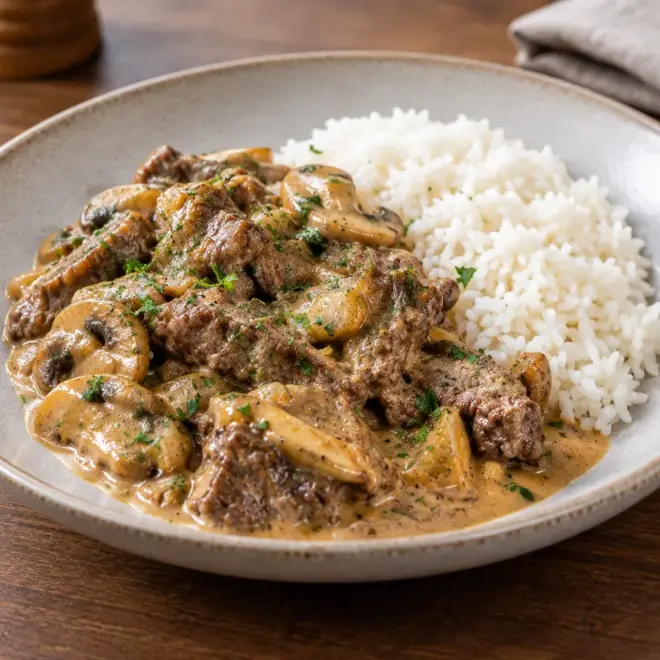 Bœuf Stroganoff avec riz, sauce crémeuse et champignons