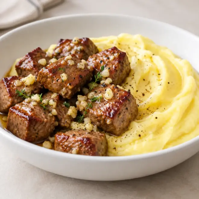 Bouchées de bœuf à l’ail avec purée maison