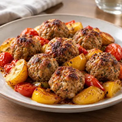 Boulettes de viande au four, légumes rôtis