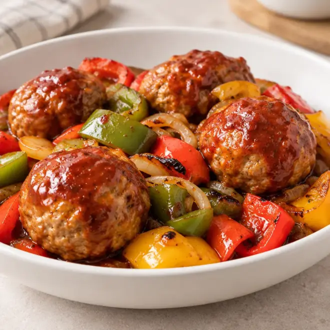 Boulettes de viande aux poivrons, sauce brillante et fondante