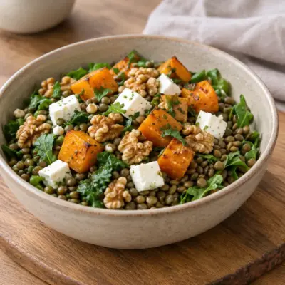 Bowl de lentilles, courge rôtie et feta facile
