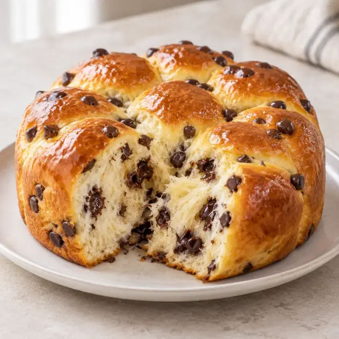 Brioche aux pépites de chocolat, mie filante et dorée