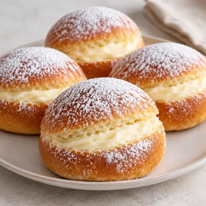Brioches fourrées à la crème, mie tendre et dorée