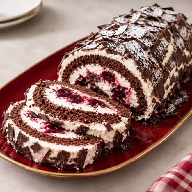 Bûche de Noël au chocolat et aux cerises, moelleuse